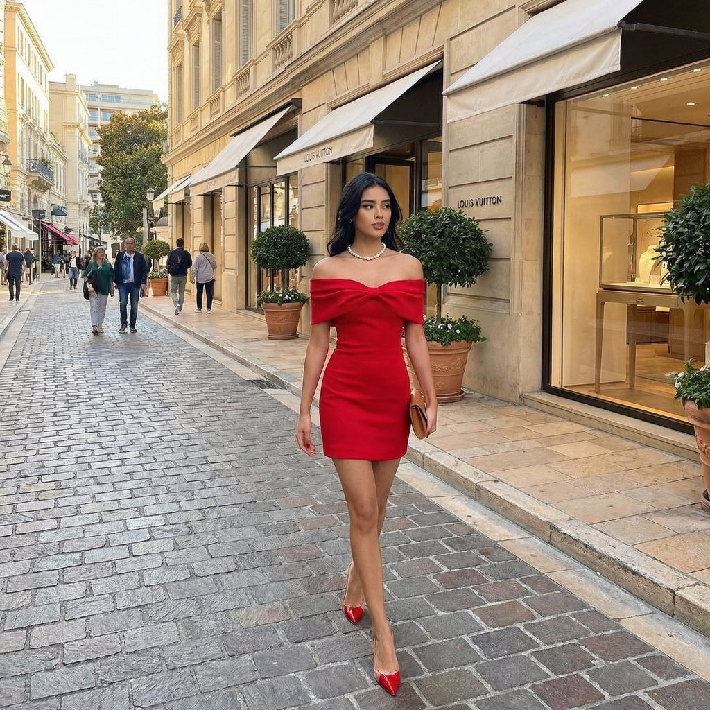 Anselie - Off-Shoulder Solid Over-Fold Mini Dress