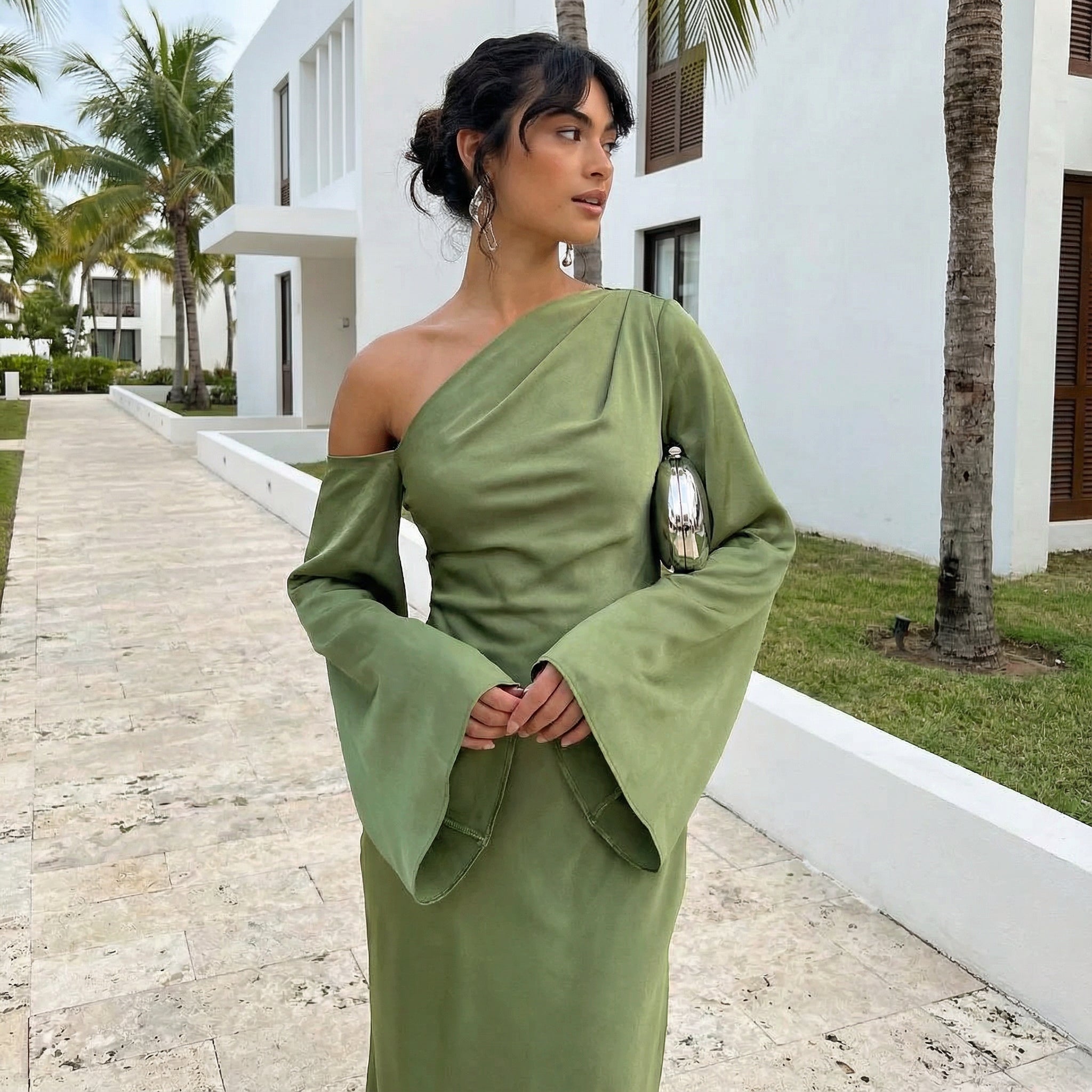 Asyntha - One-Shoulder Bell Sleeves Maxi Dress