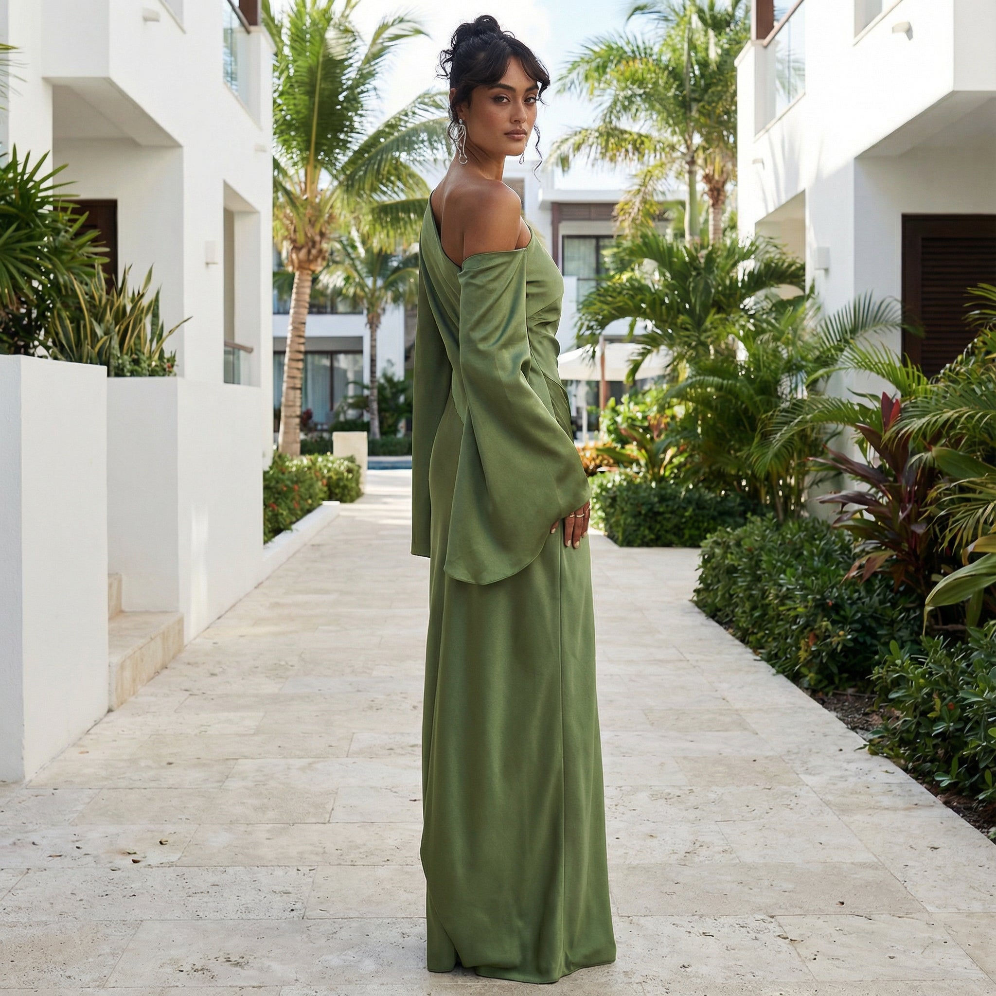 Asyntha - One-Shoulder Bell Sleeves Maxi Dress